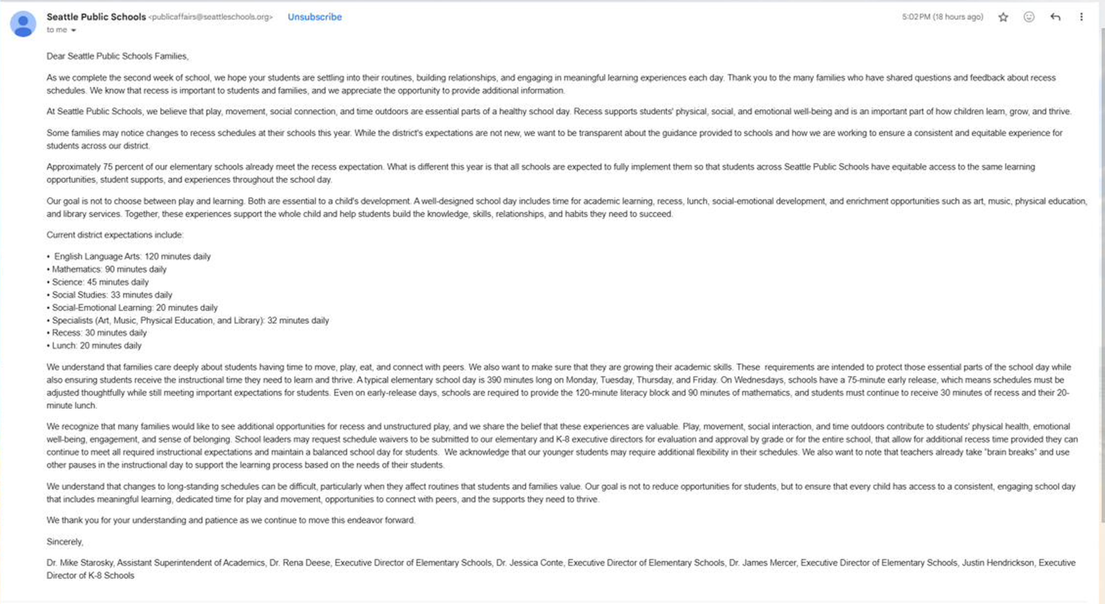 Screenshot of the Seattle Public Schools letter to families, September 2026, listing required daily minutes: English Language Arts 120, mathematics 90, science 45, social studies 33, social-emotional learning 20, specialists 32, recess 30, lunch 20. The letter also describes the schedule waiver process.